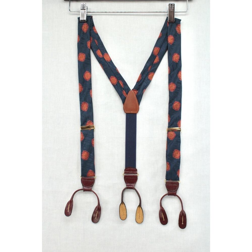 Vintage CAS Germany Suspenders Silk Blue Gold Medallions Gold Tone Hardware